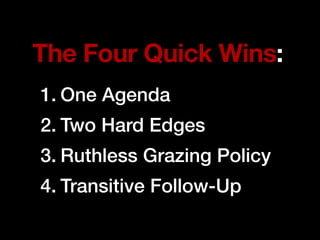 10 Patterns
to Improve Meetings
1. Purpose   6. Timekeeper
2. Agenda    7. No Ratholes
3. Grazing   8. Focus
4. Edges     ...