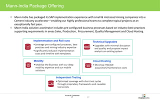 Private & Confidential 
27 27 
Mann-India Package Offering 
o Mann-India has packaged its SAP implementation experience with small & mid-sized mining companies into a 
Cement industry accelerator—enabling our highly professional teams to complete typical projects at an 
exceptionally fast pace. 
o Mann-India solution accelerator includes pre-configured business processes based on industry best-practices 
supporting requirements in areas Sales, Production , Procurement, Quality Management and Cloud Hosting 
 