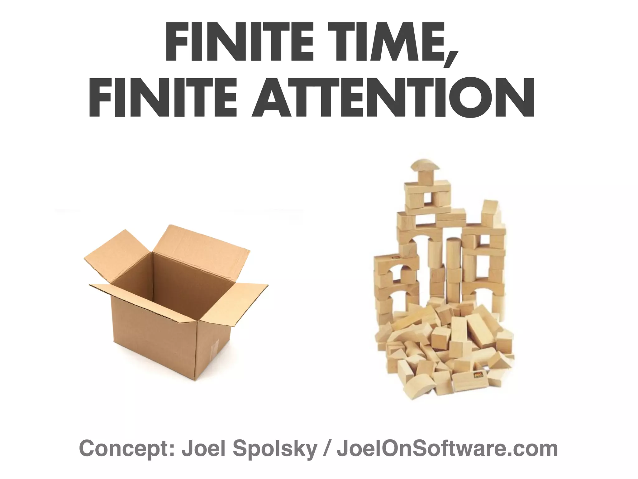 FINITE TIME,
FINITE ATTENTION




Concept: Joel Spolsky / JoelOnSoftware.com
 