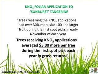 KNO3 FOLIAR APPLICATION TO
                      ‘SUNBURST' TANGERINE

             “Trees receiving the KNO3 applications
              had over 30% more size 100 and larger
              fruit during the first spot picks in early
                      November of each year.
             Trees receiving KNO3 applications
                averaged $5.00 more per tree
                during the first spot pick each
                    year in gross returns.”


Brian Boman, IFAS, Fort Pierce, FL
 