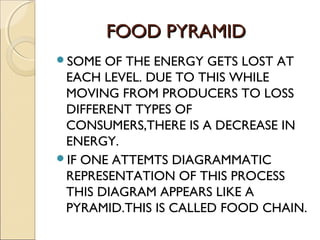 FOOD PYRAMIDFOOD PYRAMID
SOME OF THE ENERGY GETS LOST AT
EACH LEVEL. DUE TO THIS WHILE
MOVING FROM PRODUCERS TO LOSS
DIFFERENT TYPES OF
CONSUMERS,THERE IS A DECREASE IN
ENERGY.
IF ONE ATTEMTS DIAGRAMMATIC
REPRESENTATION OF THIS PROCESS
THIS DIAGRAM APPEARS LIKE A
PYRAMID.THIS IS CALLED FOOD CHAIN.
 