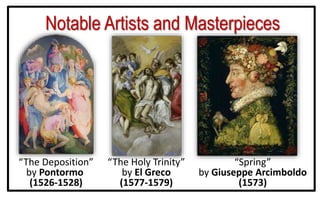 Notable Artists and Masterpieces
“The Deposition”
by Pontormo
(1526-1528)
“The Holy Trinity”
by El Greco
(1577-1579)
“Spring”
by Giuseppe Arcimboldo
(1573)
