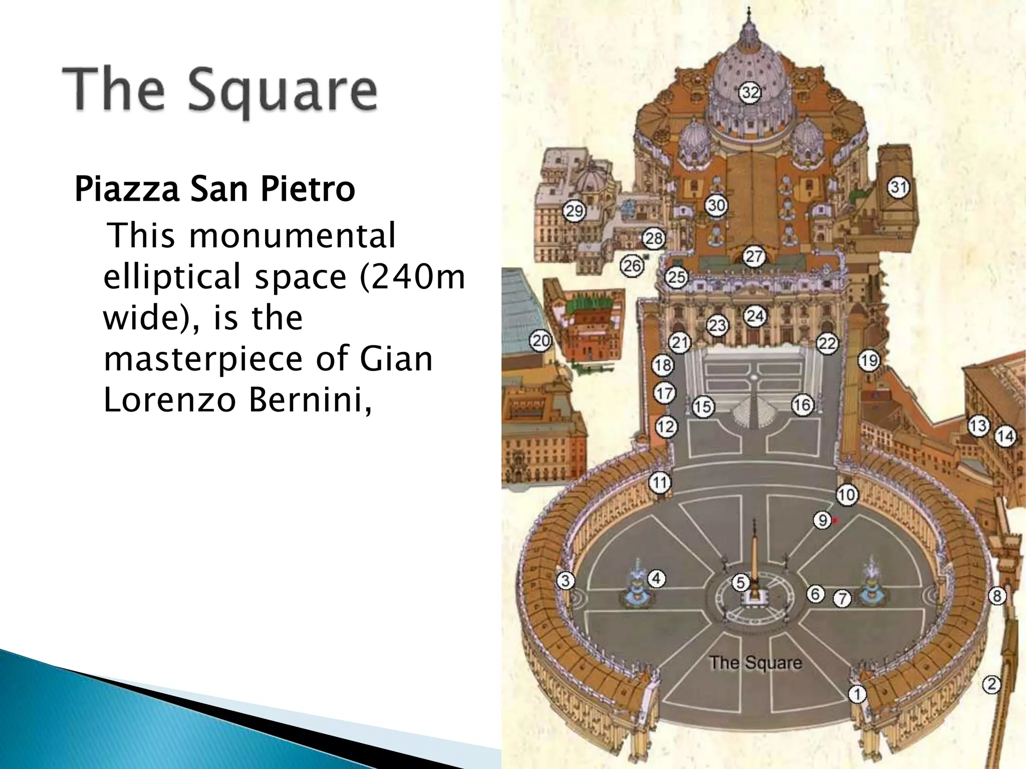 Piazza San Pietro
This monumental
elliptical space (240m
wide), is the
masterpiece of Gian
Lorenzo Bernini,
 