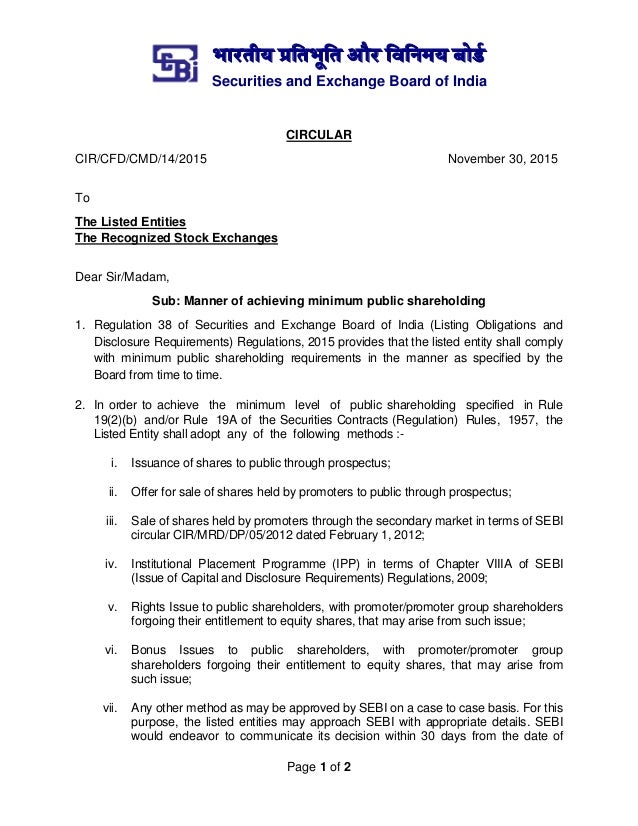 Manner Of Achieving Minimum Public Shareholding Regulation 38 Sebi Lo