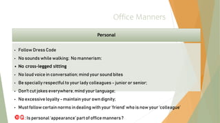 Office Manners
Personal
• Follow Dress Code
• No sounds while walking; No mannerism:
• No cross-legged sitting
• No loud voice in conversation; mind your sound bites
• Be specially respectful to your lady colleagues - junior or senior;
• Don't cut jokes everywhere,mind your language;
• No excessive loyalty - maintain your own dignity;
• Must follow certain norms in dealing with your ‘friend’ who is now your ‘colleague’
Q: Is personal ‘appearance’ part of office manners ?
 