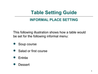 Table Setting Guide
             INFORMAL PLACE SETTING


This following illustration shows how a table would
be set for the following informal menu:

 Soup course

  Salad or first course

  Entrée

  Dessert
                                                      1
 