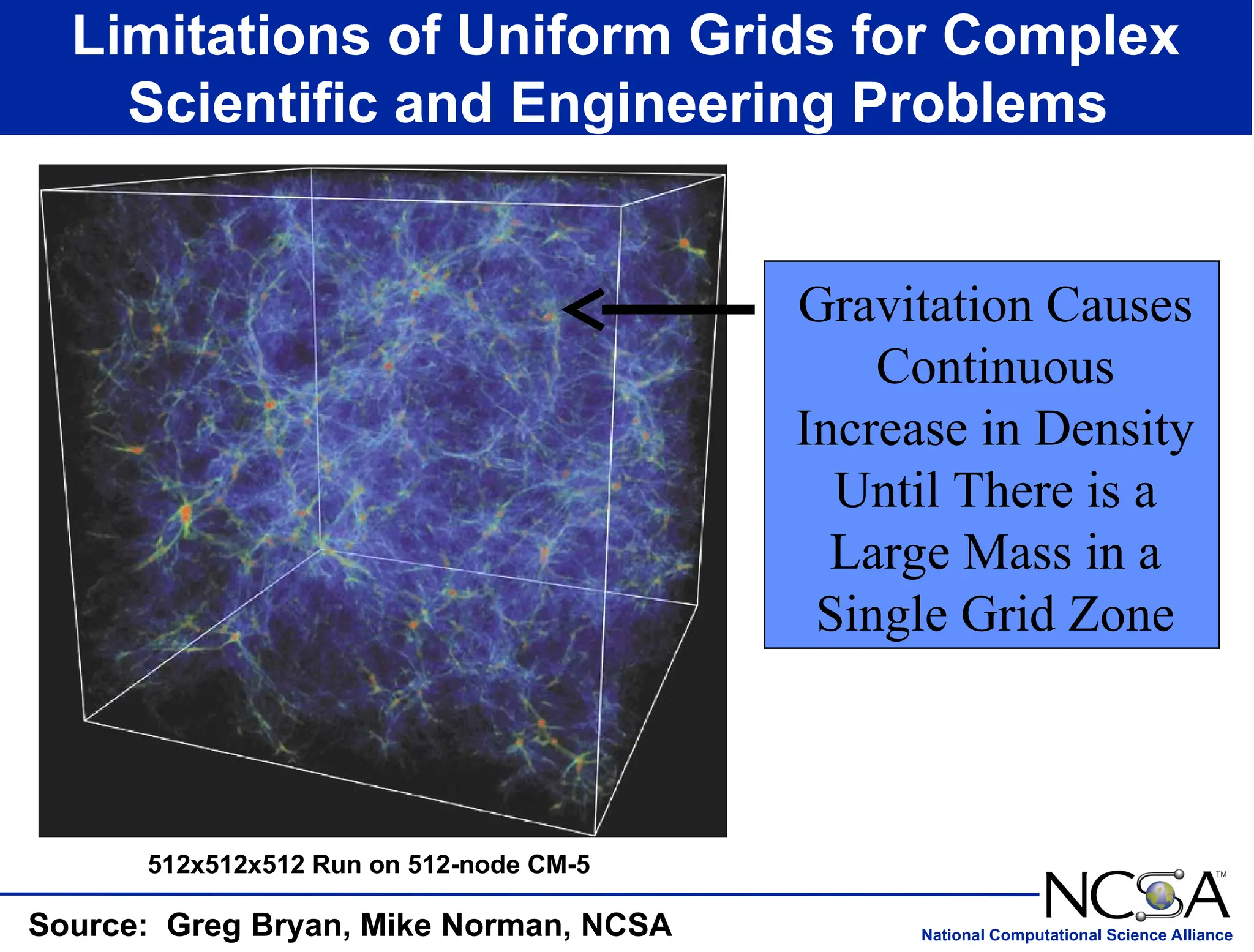 National Computational Science Alliance
Limitations of Uniform Grids for Complex
Scientific and Engineering Problems
Source: Greg Bryan, Mike Norman, NCSA
512x512x512 Run on 512-node CM-5
Gravitation Causes
Continuous
Increase in Density
Until There is a
Large Mass in a
Single Grid Zone
 