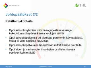 Johtopäätökset 2/2
Kehittämiskohteita
• Oppilashuoltoryhmien toiminnan järjestämisessä ja
kokoontumistiheydessä eroja koulujen välillä
• Oppilashuoltopalveluja on aiempaa paremmin käytettävissä,
mutta ei vielä kaikissa kouluissa
• Oppilashuoltopalvelujen henkilöstön mitoituksissa puutteita
• Oppilaiden ja vanhempien/huoltajien osallistumisessa
edelleen kehitettävää
10.10.2016 Tilastokatsaus 2/2016 20
 