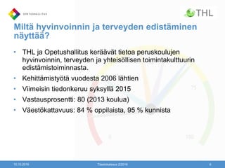 Miltä hyvinvoinnin ja terveyden edistäminen
näyttää?
• THL ja Opetushallitus keräävät tietoa peruskoulujen
hyvinvoinnin, terveyden ja yhteisöllisen toimintakulttuurin
edistämistoiminnasta.
• Kehittämistyötä vuodesta 2006 lähtien
• Viimeisin tiedonkeruu syksyllä 2015
• Vastausprosentti: 80 (2013 koulua)
• Väestökattavuus: 84 % oppilaista, 95 % kunnista
10.10.2016 Tilastokatsaus 2/2016 6
 