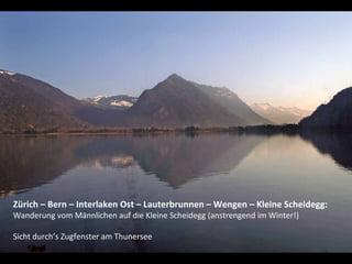 Zürich – Bern – Interlaken Ost – Lauterbrunnen – Wengen – Kleine Scheidegg:
Wanderung vom Männlichen auf die Kleine Scheidegg (anstrengend im Winter!)

Sicht durch’s Zugfenster am Thunersee
 