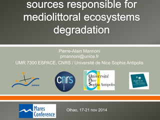  
Pierre-Alain Mannoni
pmannoni@unice.fr
UMR 7300 ESPACE, CNRS / Université de Nice Sophia Antipolis
Olhao, 17-21 nov 2014
 