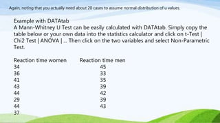 Again, noting that you actually need about 20 cases to assume normal distribution of u values.
Example with DATAtab
A Mann-Whitney U Test can be easily calculated with DATAtab. Simply copy the
table below or your own data into the statistics calculator and click on t-Test |
Chi2 Test | ANOVA | ... Then click on the two variables and select Non-Parametric
Test.
Reaction time women Reaction time men
34 45
36 33
41 35
43 39
44 42
29 39
44 43
37
 