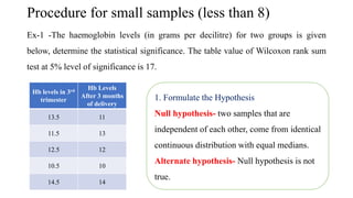 Procedure for small samples (less than 8)
Ex-1 -The haemoglobin levels (in grams per decilitre) for two groups is given
below, determine the statistical significance. The table value of Wilcoxon rank sum
test at 5% level of significance is 17.
Hb levels in 3rd
trimester
Hb Levels
After 3 months
of delivery
13.5 11
11.5 13
12.5 12
10.5 10
14.5 14
1. Formulate the Hypothesis
Null hypothesis- two samples that are
independent of each other, come from identical
continuous distribution with equal medians.
Alternate hypothesis- Null hypothesis is not
true.
 