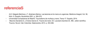 referenciaS
- A.D. Delgado Martínez y T. Alcántara Martos. Las lesiones en la mano en urgencias. Medicina Integral, Vol. 3...