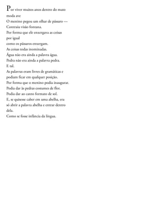Por viver muitos anos dentro do mato
moda ave
O menino pegou um olhar de pássaro —
Contraiu visão fontana.
Por forma que ele enxergava as coisas
por igual
como os pássaros enxergam.
As coisas todas inominadas.
Água não era ainda a palavra água.
Pedra não era ainda a palavra pedra.
E tal.
As palavras eram livres de gramáticas e
podiam ficar em qualquer posição.
Por forma que o menino podia inaugurar.
Podia dar às pedras costumes de flor.
Podia dar ao canto formato de sol.
E, se quisesse caber em uma abelha, era
só abrir a palavra abelha e entrar dentro
dela.
Como se fosse infância da língua.
 