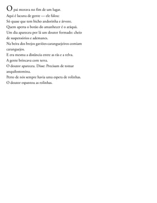 Opai morava no fim de um lugar.
Aqui é lacuna de gente — ele falou:
Só quase que tem bicho andorinha e árvore.
Quem aperta o botão do amanhecer é o arãquã.
Um dia apareceu por lá um doutor formado: cheio
de suspensórios e ademanes.
Na beira dos brejos gaviões-caranguejeiros comiam ​
caranguejos.
E era mesma a distância entre as rãs e a relva.
A gente brincava com terra.
O doutor apareceu. Disse: Precisam de tomar ​
anquilostomina.
Perto de nós sempre havia uma espera de rolinhas.
O doutor espantou as rolinhas.
 