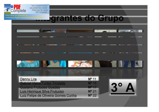 Integrantes do Grupo




Denny Lira                            Nº 11
Gabriel Vieira Fortes Trindade        Nº 15
Gustavo Frutuoso Guedes
Luis Henrique Silva Frutuoso
Luiz Felipe de Oliveira Gomes Cunha
                                      Nº 17
                                      Nº 21
                                      Nº 22
                                              3° A
 