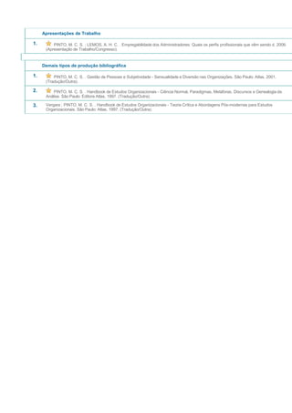 Apresentações de Trabalho
1. PINTO, M. C. S. ; LEMOS, A. H. C. . Empregabilidade dos Administradores: Quais os perfis profissionais que vêm sendo d. 2006.
(Apresentação de Trabalho/Congresso).
Demais tipos de produção bibliográfica
1. PINTO, M. C. S. . Gestão de Pessoas e Subjetividade - Sensualidade e Diversão nas Organizações. São Paulo: Atlas, 2001.
(Tradução/Outra).
2. PINTO, M. C. S. . Handbook de Estudos Organizacionais - Ciência Normal, Paradigmas, Metáforas, Discursos e Genealogia da
Análise. São Paulo: Editora Atlas, 1997. (Tradução/Outra).
3. Vergara ; PINTO, M. C. S. . Handbook de Estudos Organizacionais - Teoria Crítica e Abordagens Pós-modernas para Estudos
Organizacionais. São Paulo: Atlas, 1997. (Tradução/Outra).
 