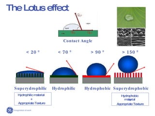The Lotus effect Hydrophobic material + Appropriate Texture Superydrophilic Hydrophilic material + Appropriate Texture Contact Angle < 20  0 < 70  0 > 90  0 > 150  0 Hydrophilic Hydrophobic Superydrophobic 