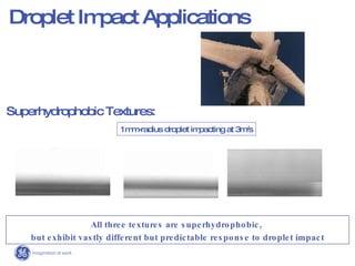 Droplet Impact Applications 1mm-radius droplet impacting at 3m/s All three textures are superhydrophobic,  but exhibit vastly different but predictable response to droplet impact Superhydrophobic Textures: 