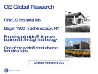 GE Global Research First US industrial lab Began 1900 in Schenectady, NY Founding principle … improve businesses through technology One of the world’s most diverse industrial labs Market focused R&D 