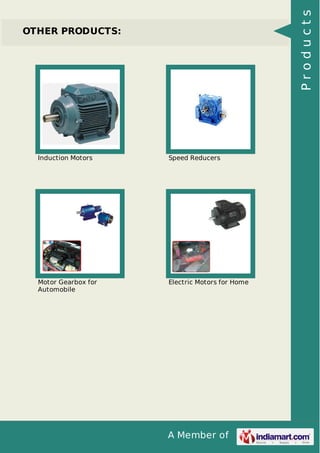 Products

OTHER PRODUCTS:

Induction Motors

Speed Reducers

Motor Gearbox for
Automobile

Electric Motors for Home

A Member of

 