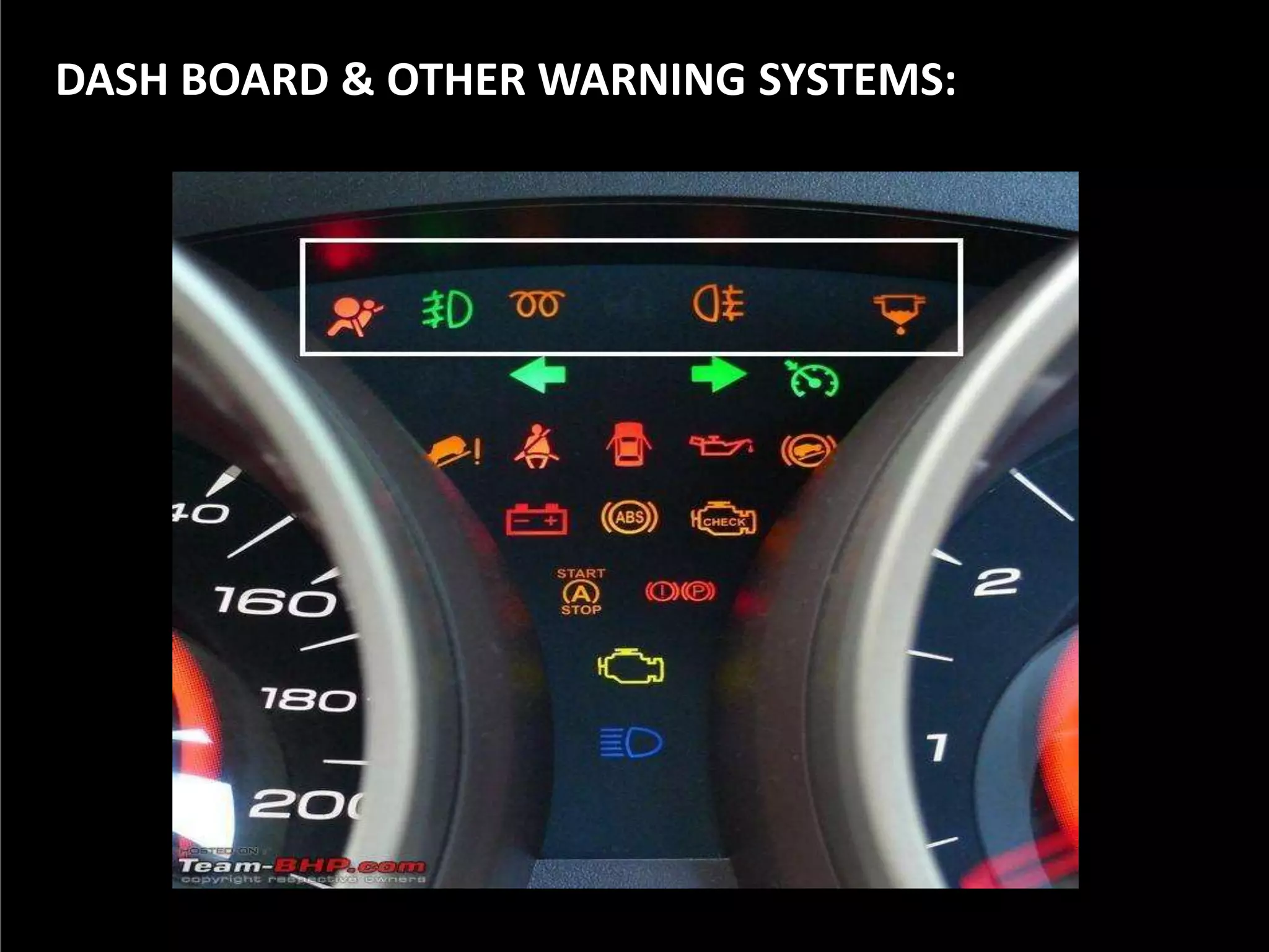 DASH BOARD & OTHER WARNING SYSTEMS:

 