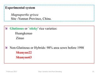 Glutinous or `sticky' rice varieties:
Huangkenuo
Zinuo
Non-Glutinous or Hybrids: 98% area sown before 1998
Shanyuo22
Shanyuo63
7 February 2017 Dept. Genetics And Plant Breeding 25
Experimental system
Magnaporthe grisea
Site -Yunnan Province, China.
 