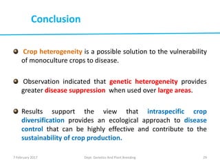 7 February 2017 Dept. Genetics And Plant Breeding 29
Crop heterogeneity is a possible solution to the vulnerability
of monoculture crops to disease.
Observation indicated that genetic heterogeneity provides
greater disease suppression when used over large areas.
Results support the view that intraspecific crop
diversification provides an ecological approach to disease
control that can be highly effective and contribute to the
sustainability of crop production.
Conclusion
 