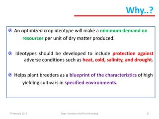 7 February 2017 Dept. Genetics And Plant Breeding 31
Why..?
An optimized crop ideotype will make a minimum demand on
resources per unit of dry matter produced.
Ideotypes should be developed to include protection against
adverse conditions such as heat, cold, salinity, and drought.
Helps plant breeders as a blueprint of the characteristics of high
yielding cultivars in specified environments.
 