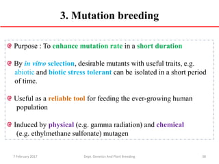 3. Mutation breeding
Purpose : To enhance mutation rate in a short duration
By in vitro selection, desirable mutants with useful traits, e.g.
abiotic and biotic stress tolerant can be isolated in a short period
of time.
Useful as a reliable tool for feeding the ever-growing human
population
Induced by physical (e.g. gamma radiation) and chemical
(e.g. ethylmethane sulfonate) mutagen
387 February 2017 Dept. Genetics And Plant Breeding
 