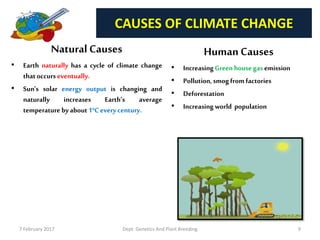 7 February 2017 Dept. Genetics And Plant Breeding 9
CAUSES OF CLIMATE CHANGE
Natural Causes
• Earth naturally has a cycle of climate change
thatoccurseventually.
• Sun’s solar energy output is changing and
naturally increases Earth’s average
temperature byabout1ºCevery century.
Human Causes
• Increasing Green housegas emission
• Pollution,smogfrom factories
• Deforestation
• Increasing world population
 