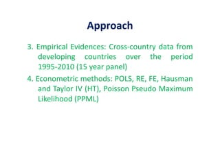 Approach	
  
3.	
  Empirical	
  Evidences:	
  Cross-­‐country	
  data	
  from	
  
developing	
   countries	
   over	
   the	
   period	
  
1995-­‐2010	
  (15	
  year	
  panel)	
  
4.	
  Econometric	
  methods:	
  POLS,	
  RE,	
  FE,	
  Hausman	
  
and	
  Taylor	
  IV	
  (HT),	
  Poisson	
  Pseudo	
  Maximum	
  
Likelihood	
  (PPML)	
  
 