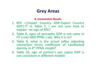 Grey	
  Areas	
  
B.	
  Econometric	
  Results	
  
1.  RFE	
   =|Import	
   Country	
   GDP-­‐Export	
   Country	
  
GDP|??	
   In	
   Table	
   7,	
   I	
   am	
   not	
   sure	
   how	
   to	
  
explain	
  –ve	
  sign	
  of	
  RFE?	
  
2.  Table	
  8,	
  signs	
  of	
  percapita	
  GDP	
  is	
  not	
  same	
  in	
  
HT	
  (+ve)	
  AND	
  PPML	
  (-­‐ve).	
  Why	
  it	
  is	
  so?	
  
3.  Table	
   9,	
   what	
   is	
   the	
   actual	
   (aier	
   adjus&ng	
  
interac&on	
   term)	
   coeﬃcient	
   of	
   Landlocked	
  
dummy	
  in	
  4th	
  PPML	
  model?	
  
4.  Table	
   10,	
   sign	
   of	
   partner’s	
   per	
   capita	
   GDP	
   is	
  
not	
  consistent	
  in	
  diﬀerent	
  models’	
  
 