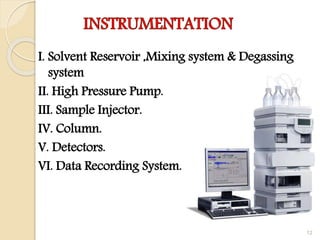 I. Solvent Reservoir ,Mixing system & Degassing
system
II. High Pressure Pump.
III. Sample Injector.
IV. Column.
V. Detectors.
VI. Data Recording System.
12
 