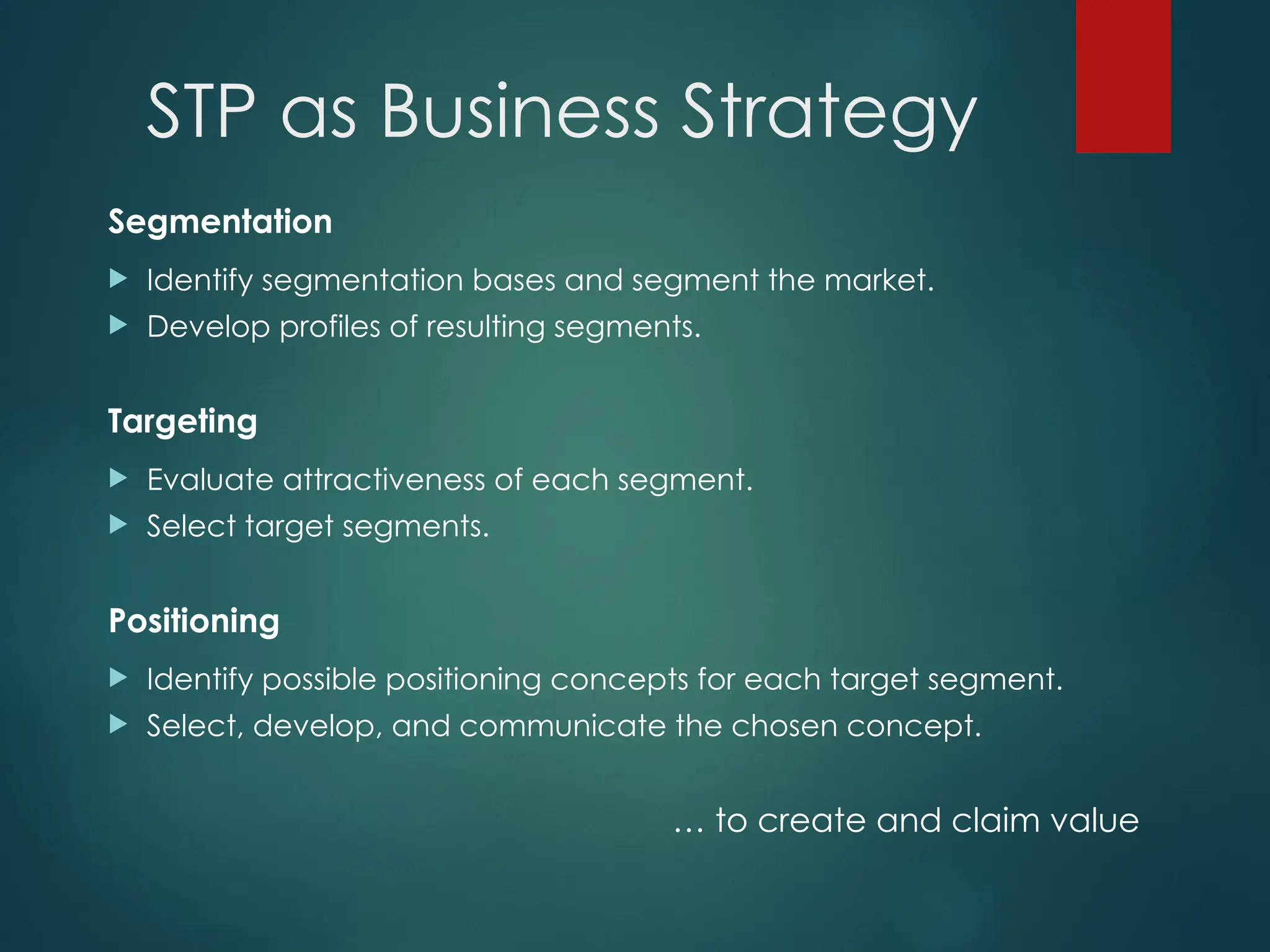 STP as Business Strategy
Segmentation
 Identify segmentation bases and segment the market.
 Develop profiles of resulting segments.
Targeting
 Evaluate attractiveness of each segment.
 Select target segments.
Positioning
 Identify possible positioning concepts for each target segment.
 Select, develop, and communicate the chosen concept.
… to create and claim value
 