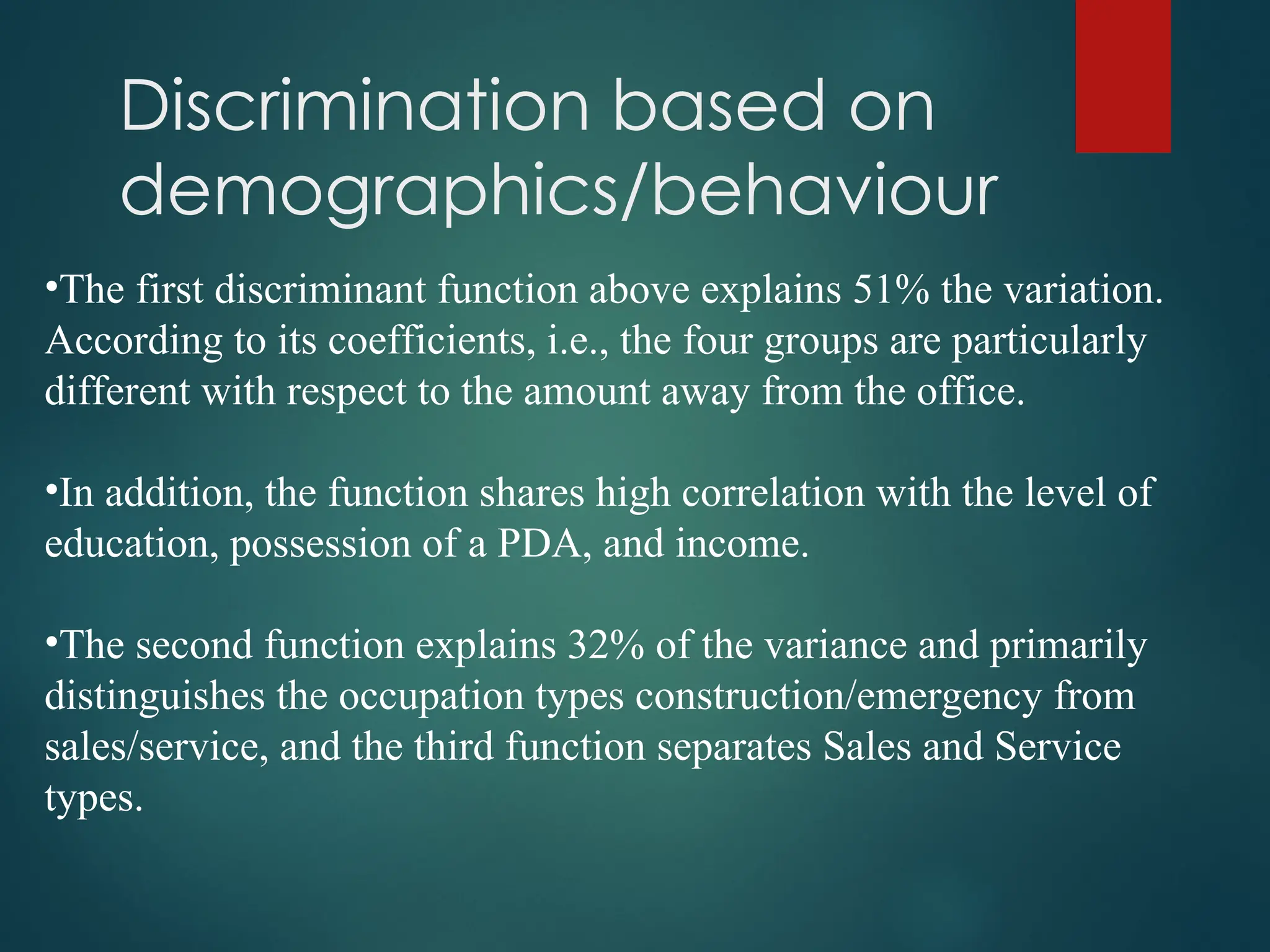 Discrimination based on
demographics/behaviour
•The first discriminant function above explains 51% the variation.
According to its coefficients, i.e., the four groups are particularly
different with respect to the amount away from the office.
•In addition, the function shares high correlation with the level of
education, possession of a PDA, and income.
•The second function explains 32% of the variance and primarily
distinguishes the occupation types construction/emergency from
sales/service, and the third function separates Sales and Service
types.
 