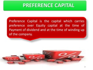 PREFERENCE CAPITAL

Preference Capital is the capital which carries
preference over Equity capital at the time of
Payment of dividend and at the time of winding up
of the company.




                                                16
 