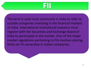 The term is used most commonly in India to refer to
outside companies investing in the financial markets
of India. International institutional investors must
register with the Securities and Exchange Board of
India to participate in the market. One of the major
market regulations pertaining to FIIs involves placing
limits on FII ownership in Indian companies.




                                                     28
 