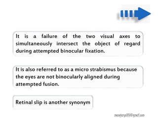 It is a failure of the two visual axes to
simultaneously intersect the object of regard
during attempted binocular fixation.
It is also referred to as a micro strabismus because
the eyes are not binocularly aligned during
attempted fusion.
Retinal slip is another synonym
manojaryal85@gmail.com
 