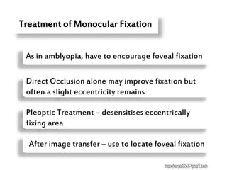 Treatment of Monocular Fixation
As in amblyopia, have to encourage foveal fixation
Direct Occlusion alone may improve fixation but
often a slight eccentricity remains
Pleoptic Treatment – desensitises eccentrically
fixing area
After image transfer – use to locate foveal fixation
manojaryal85@gmail.com
 