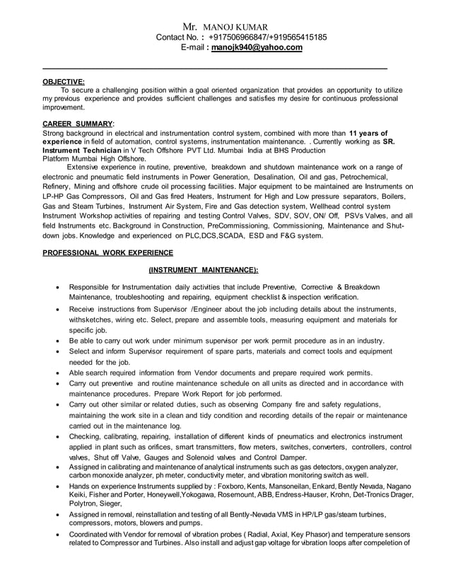 Instrument Technician CV | DOCX