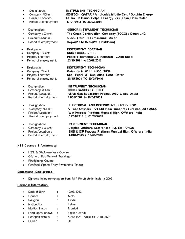 Instrument Technician CV | DOCX