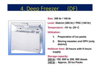 4. Deep Freezer (DF)
Size: 300 ltr / 140 ltr
Level: District (300 ltr) / PHC (140 ltr)
Temperature: -15o to -25o C
Utilization:
1. Preparation of ice packs
2. Storing measles and OPV (only
district)
Holdover time: 24 hours with 8 hours
supply
Storage capacity:
300 ltr: 150, 000 to 200, 000 doses
140 ltr : Approx. 20 Ice Packs
 