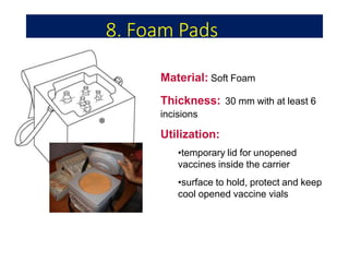 8. Foam Pads
Material: Soft Foam
Thickness: 30 mm with at least 6
incisions
Utilization:
•temporary lid for unopened
vaccines inside the carrier
•surface to hold, protect and keep
cool opened vaccine vials
 