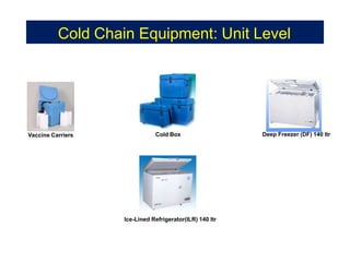 Cold Chain Equipment: Unit Level
Ice-Lined Refrigerator(ILR) 140 ltr
Deep Freezer (DF) 140 ltr
Cold Box
Vaccine Carriers
 