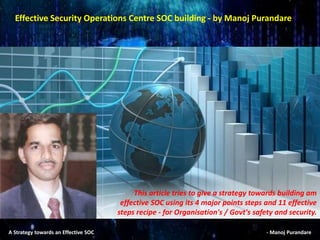 A Strategy towards an Effective SOC - Manoj Purandare
Effective Security Operations Centre SOC building - by Manoj Purandare
This article tries to give a strategy towards building am
effective SOC using its 4 major points steps and 11 effective
steps recipe - for Organisation's / Govt's safety and security.
 
