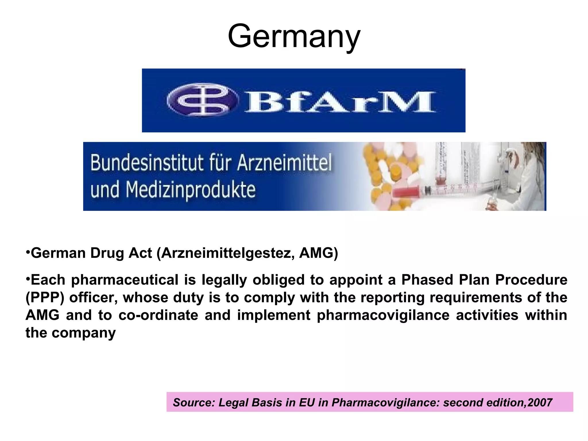 Germany German Drug Act (Arzneimittelgestez, AMG) Each pharmaceutical is legally obliged to appoint a Phased Plan Procedure (PPP) officer, whose duty is to comply with the reporting requirements of the AMG and to co-ordinate and implement pharmacovigilance activities within the company  Source: Legal Basis in EU in Pharmacovigilance: second edition,2007 