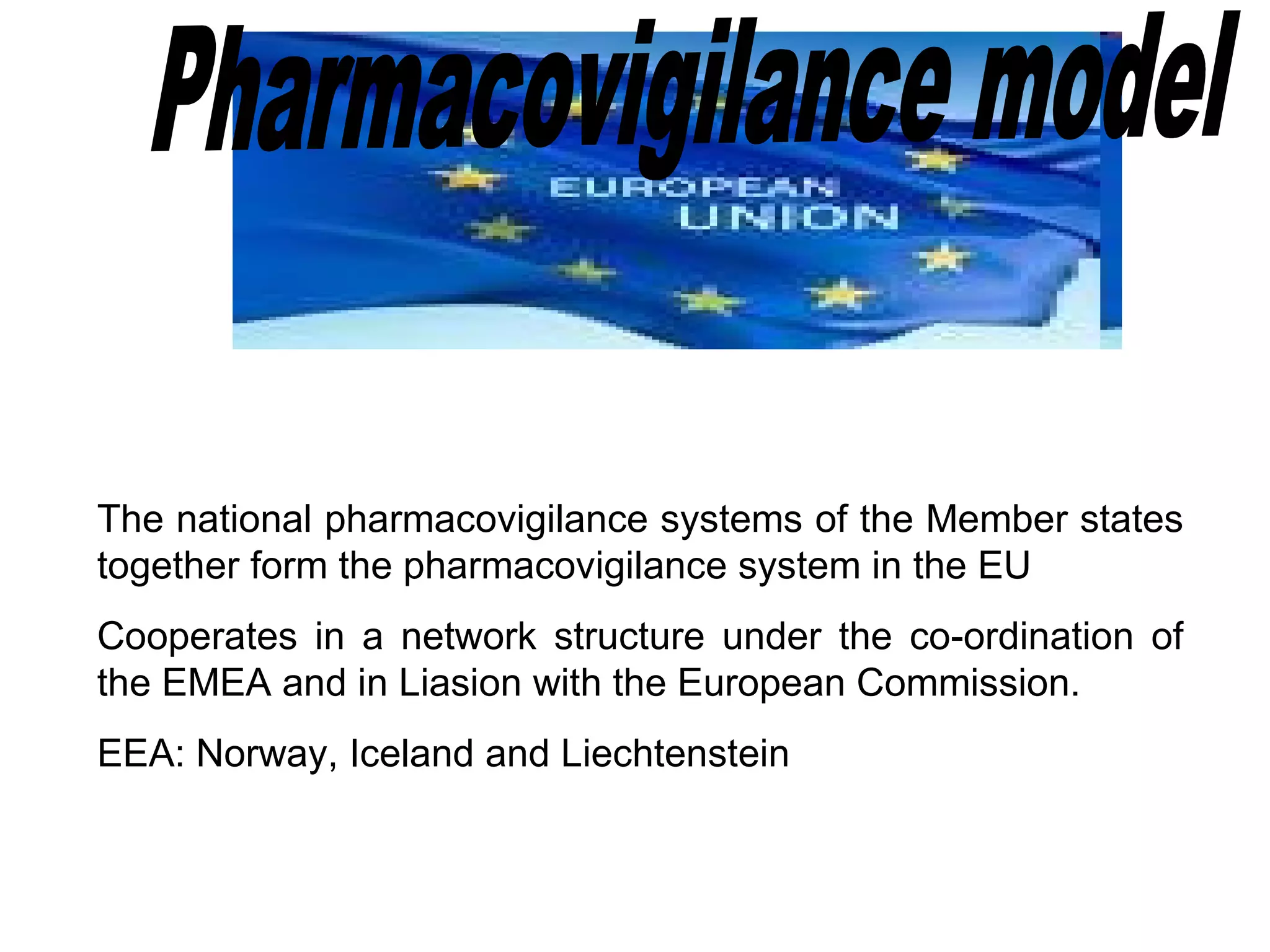 The national pharmacovigilance systems of the Member states together form the pharmacovigilance system in the EU Cooperates in a network structure under the co-ordination of the EMEA and in Liasion with the European Commission. EEA: Norway, Iceland and Liechtenstein Pharmacovigilance model 