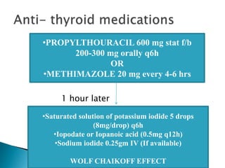 1 hour later
•PROPYLTHOURACIL 600 mg stat f/b
200-300 mg orally q6h
OR
•METHIMAZOLE 20 mg every 4-6 hrs
•Saturated solution of potassium iodide 5 drops
(8mg/drop) q6h
•Iopodate or Iopanoic acid (0.5mg q12h)
•Sodium iodide 0.25gm IV (If available)
WOLF CHAIKOFF EFFECT
 